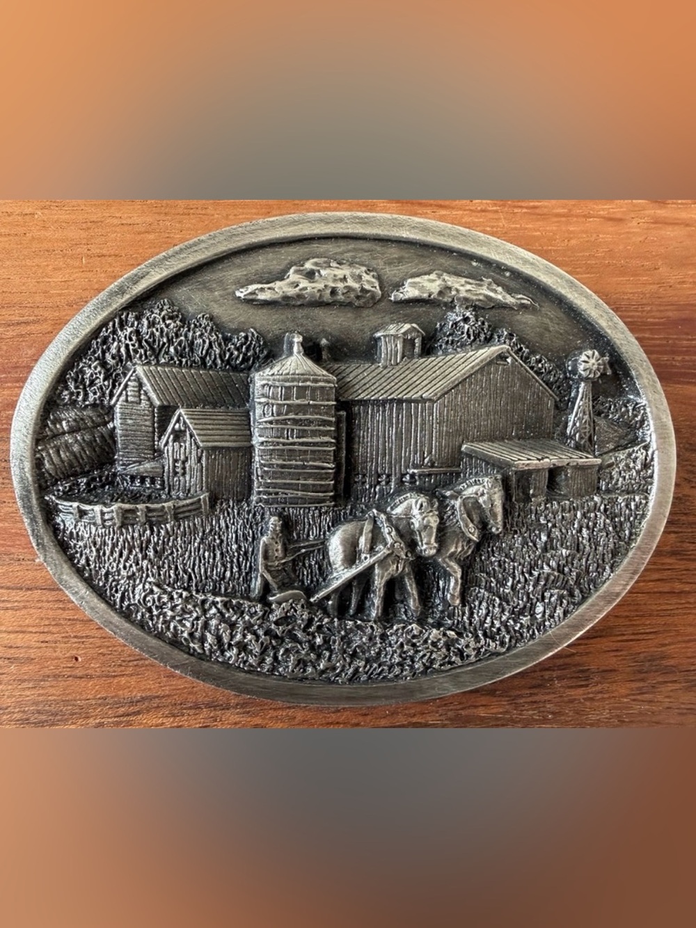VTG Bergamot Brass Works Silver Tone Farm Scene Belt Buckle Horses Farmer